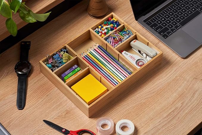 Umilife Bamboo Desk Drawer Organizer, Wood Junk Organizer Tray with Adjustable Dividers, Anti-Skip Storage Organization in Office Bathroom Drawer for Vanity, Makeup, 12" x 9" - Image 6