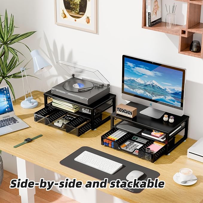 Simple Trending Monitor Stand Riser with Drawer, Black for Home Office | Metal 2-Tier Monitor Stand with Hidden Drawer | Ergonomic Neck Support | Desk Organizer | Space Saving | Fast Setup - Image 4
