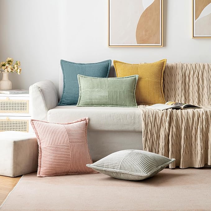 MIULEE Decorative Throw Pillow Covers for Couch Bed Livingroom 16x16 Inch Set of 2 Dusty Blue Boho Accent Throw Pllows Broadside Striped Patchwork Soft Corduroy Summer Coastal Pillowcases - Image 5