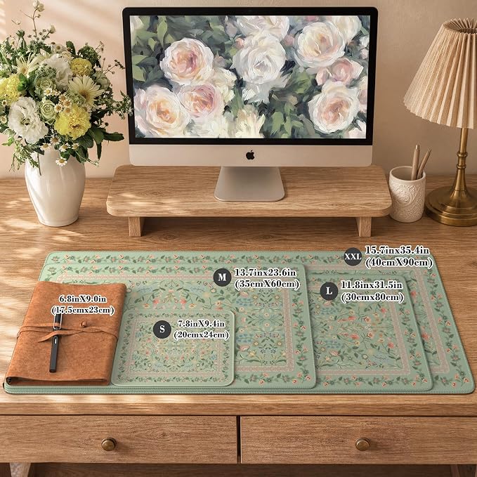 iCasso Aesthetic Floral Desk Mat,31.5x11.8in Mouse Pads,Light Green | Anti-Slip Mousepad with Stitched Edges, Waterproof Computer Pad, Desk Accessories Office Decor for Women - Image 2