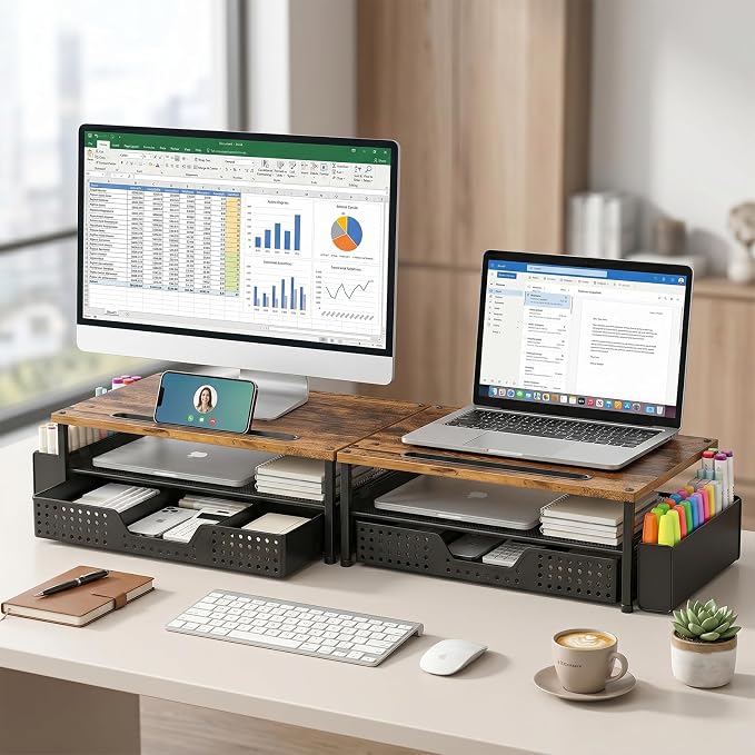 Desk Organizer and Accessories, 2-Tier Computer Monitor Stand Rise with Phone Holder, Drawer & 2 Pen Holders, Laptop & Printer Stand for Desktop, Workspace Organizers for Office Supplies (Brown Wood) - Image 5