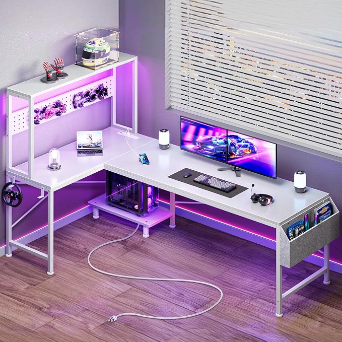 PRAISUN L Shaped Gaming Desk with LED Lights & Power Outlets, Reversible Computer Desk with Storage Shelves & Bag, Large Corner Home Office Desk with Pegboard for Work from Home, White by PRAISUN