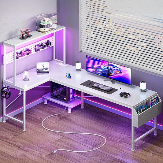 PRAISUN L Shaped Gaming Desk with LED Lights & Power Outlets, Reversible Computer Desk with Storage Shelves & Bag, Large Corner Home Office Desk with Pegboard for Work from Home, White by PRAISUN