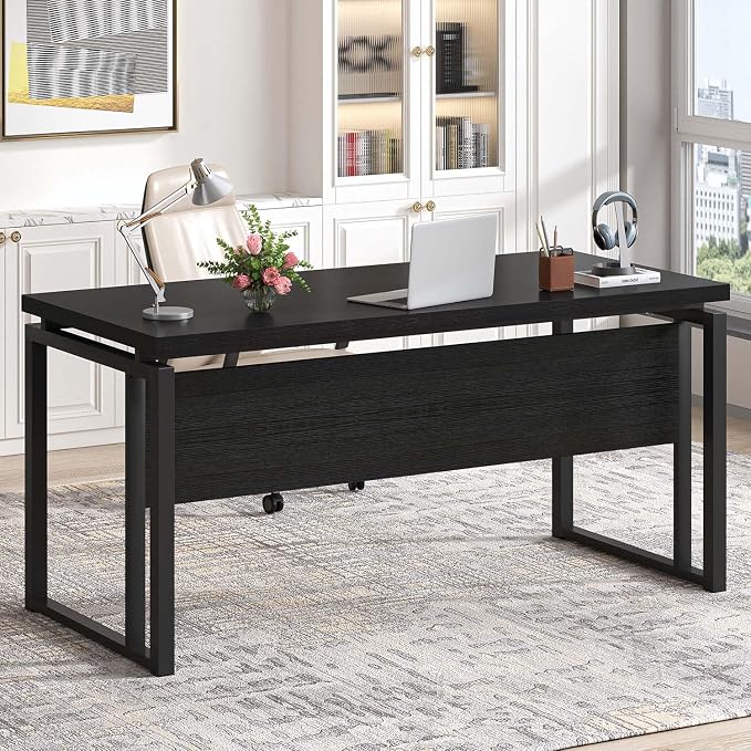 EXCEFUR Black Desk for Home Office, Modern Computer Desk, Wood and Metal Writing Study Table for Workstations, Living Room, Bedroom, 53 Inch - Image 3