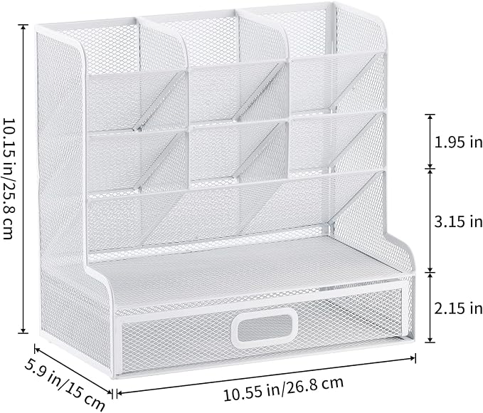 Marbrasse Mesh Desk Organizer - Multi-Functional Pen Holder with Drawer, Desktop Stationary Storage Rack for School, Home, Office, Art Supplies (White Mesh) - Image 5
