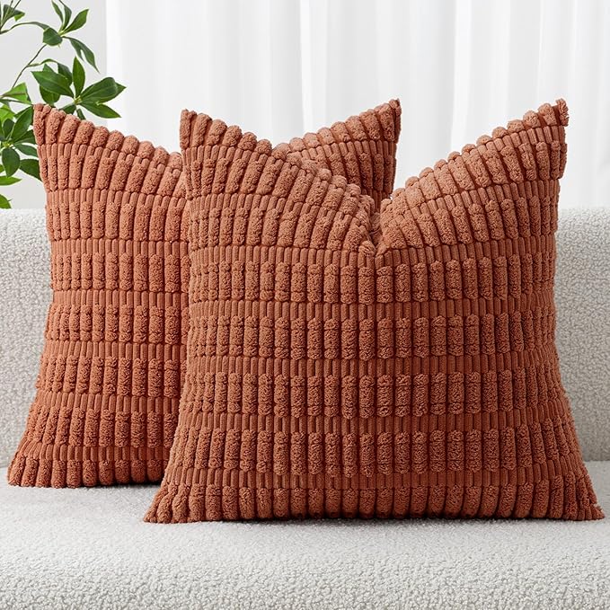 MIULEE Fall Pack of 2 Dark Rust Corduroy Decorative Euro Sham Pillow Covers 24x24 Inch Soft Boho Striped Throw Pillow Covers Modern Farmhouse Home Decor for Sofa Living Room Couch Bed by MIULEE