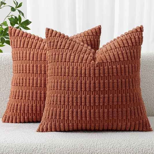 MIULEE Fall Pack of 2 Dark Rust Corduroy Decorative Pillow Covers 12x12 Inch Soft Boho Striped Throw Pillow Covers Modern Farmhouse Home Decor for Sofa Living Room Couch Bed by MIULEE