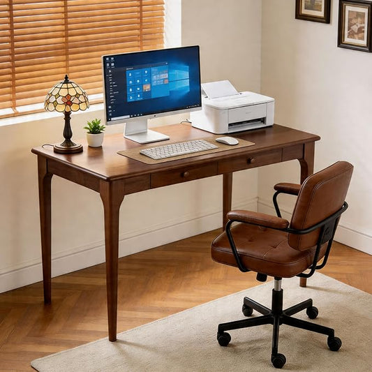 47" Walnut Solid Wood Desk with Drawers,Mid Century Modern Natural Real Wood Writing Desk,Home Bedroom Small Spaces Computer Office Workstation Desks by KTVVKTVV