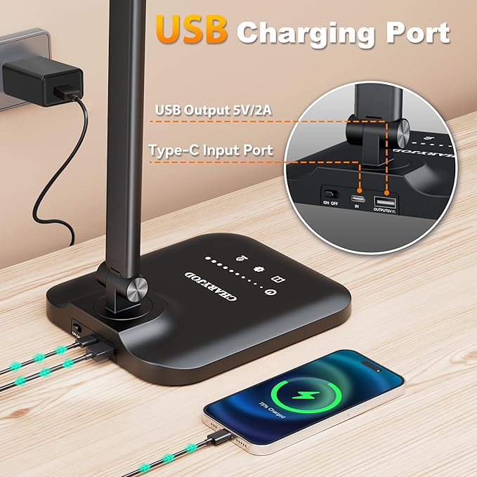 CHARYJOD LED Desk Lamp for Office Home, Height Adjustable Architect Desk Light with USB Adapter, Stepless Dimming Desk Lamp Light for Reading, Study, Workbench - Image 2