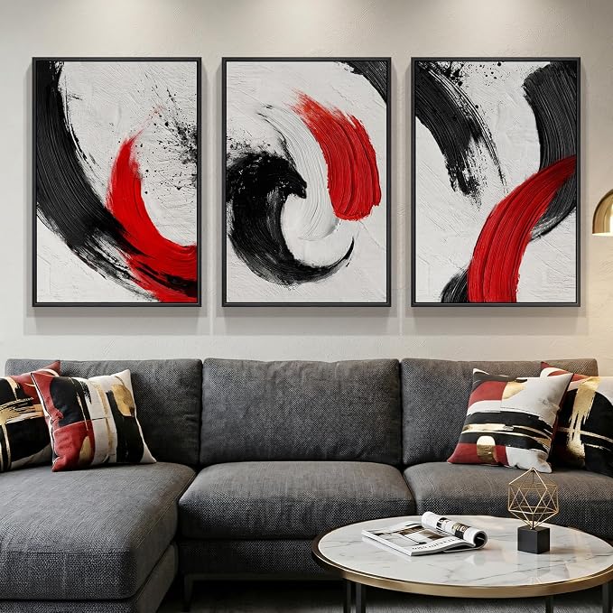 Large Framed Red Black White Abstract Wall Art for Living Room, 3 Piece Modern Canvas Prints Paintings Artwork for Walls, Red Black Minimalist Pictures for Bedroom Hallway Office Wall Decor 24x36 In by Cuspin