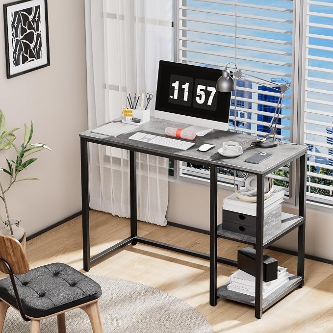 SINPAID Computer Desk 40 inches with 2-Tier Shelves Sturdy Grey Desks with Large Storage Space Modern Gaming Desk Study Writing Laptop Table, Gray - Image 8