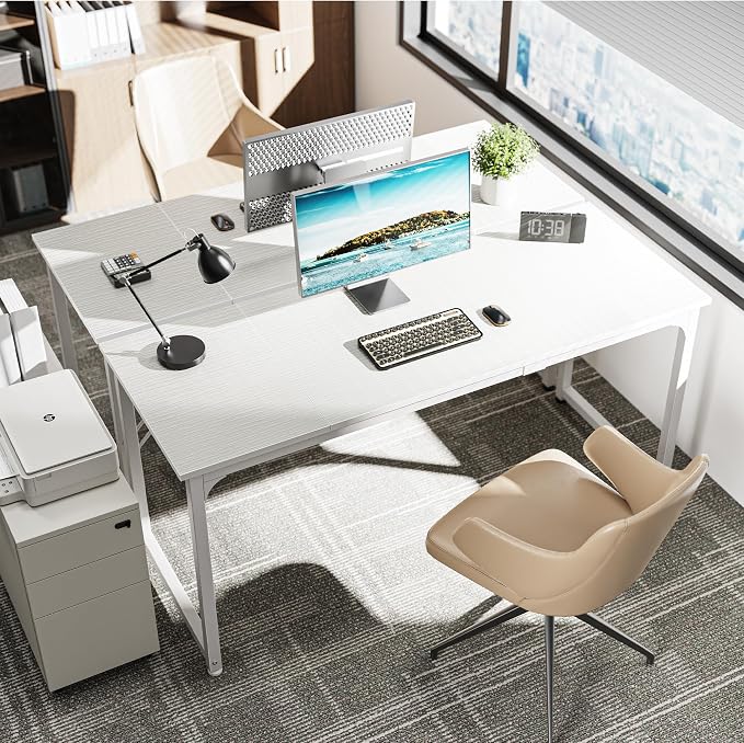 Huuger Computer Desk, 63 Inch Office Desk, Gaming Desk with Storage, Writing Desk Work Desk for Home Office, Study, Modern Simple Desk, Large Legroom, Metal Frame, White - Image 2