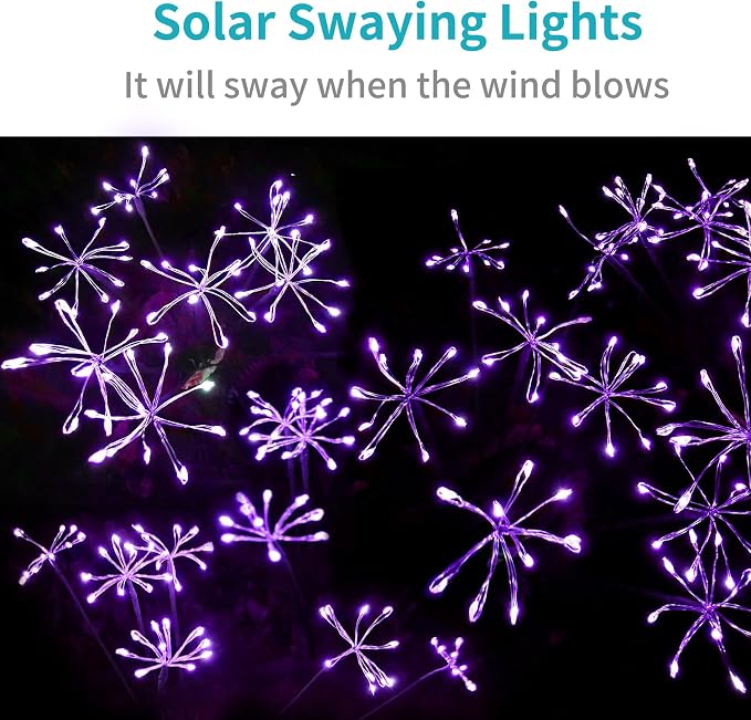 JJGoo Solar Garden Lights, New Upgraded 2 Pack Solar Swaying Starburst Light, Waterproof Fireworks Outdoor Lights, Yard Patio Pathway Decoration, Purple - Image 3