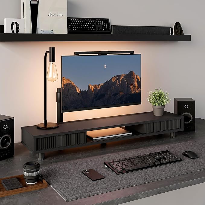 Fenge Dual Monitor Stand, 42.5inch Long Monitor Stands Riser for 2 Monitors, Glass Sliding Door with Storage Organizer Stand for Desk, 2 Tier Desk Shelf for Laptop, Pc, Printer, Computer, TV - Image 3