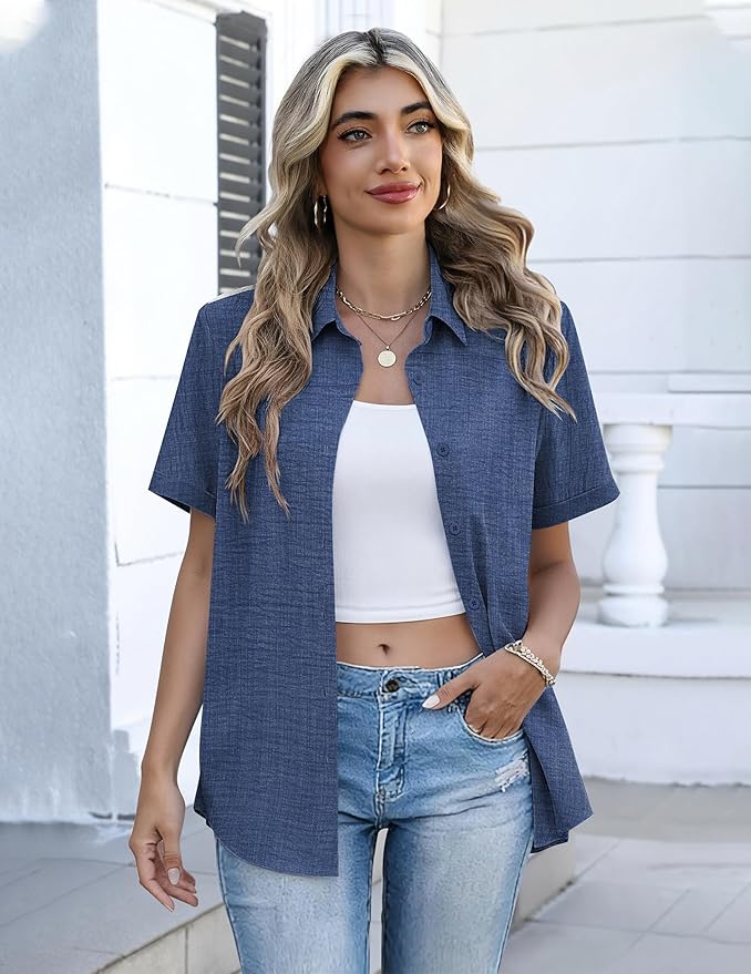 Zeagoo Button Down Shirts for Women Short Sleeve Collared Tops Dressy Casual V Neck Blouses - Image 3