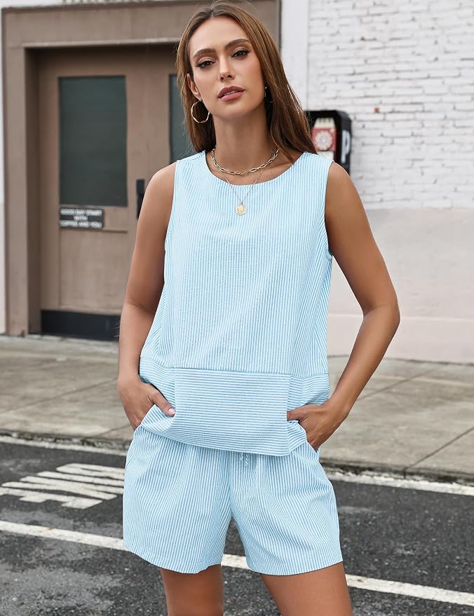 LOMON Women's Trendy 2 Piece Outfits Shorts Sets Summer Crew Neck Sleeveless Tank Top and Bottom Matching with Pockets 2026 - Image 3