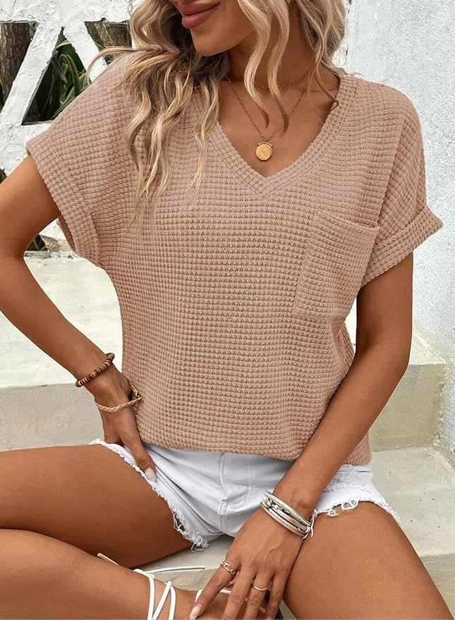 Dokotoo Womens Waffle Knit Tops 2026 Spring Summer V Neck Shirts Casual Trendy Women's Blouses Basic Tee - Image 3