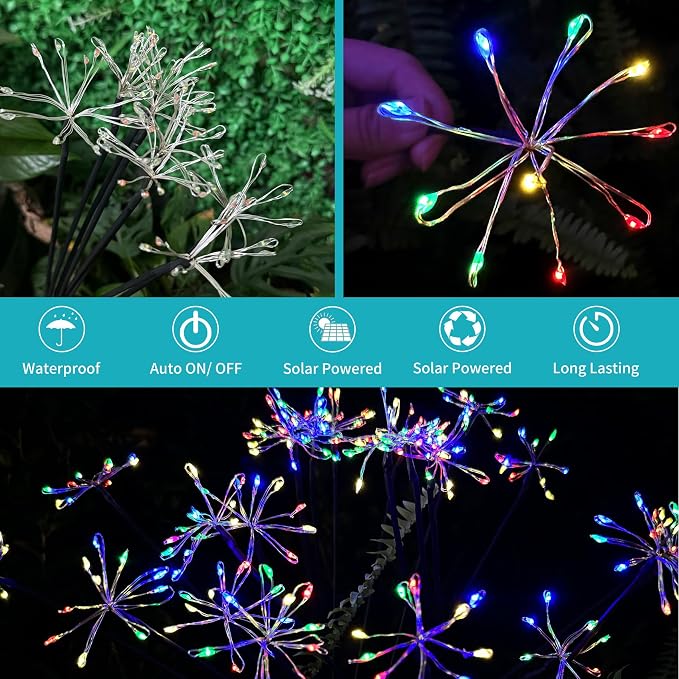 JJGoo Solar Garden Lights, New Upgraded 2 Pack Solar Swaying Starburst Light, Waterproof Fireworks Outdoor Lights, Yard Patio Pathway Decoration, Colorful - Image 4