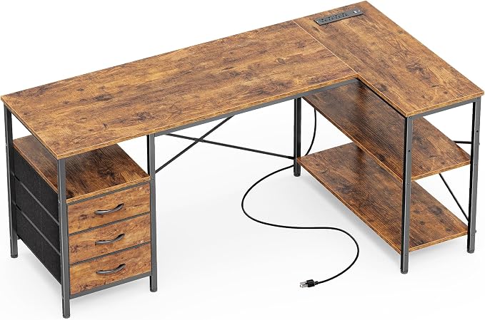 Huuger L Shaped Office Desk with Power Outlets, 55 Inch Computer Desk with 3 Drawers, Shelves, Reverisble for Gaming Corner Work Home Office Study, Rustic Brown by Huuger
