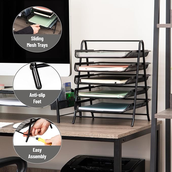 Mind Reader 5-Tier Paper Tray Organizer, Vertical Desktop File Storage Rack, Office, Metal Mesh, Black - Image 4