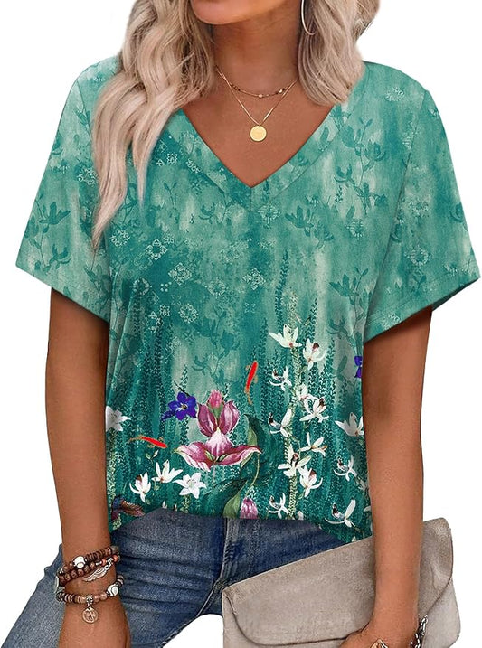 Alaroo Womens Summer Tops 2026 V Neck Short Sleeve Shirts Trendy Dressy Casual Vacation Outfits Printed by Alaroo