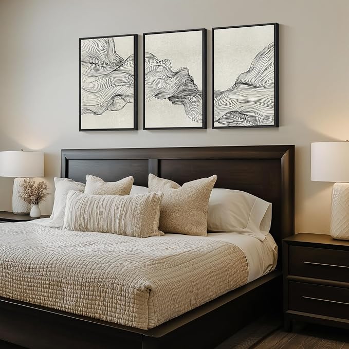 Framed Black and Beige Abstract Wall Art, 3 Piece Modern Canvas Prints Paintings Artwork for Walls, Minimalist Abstract Line Pictures for Living Room Dining Room Bedroom Office Wall Decor 16x24 In - Image 2