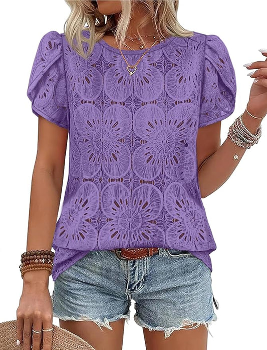 OFEEFAN Blouses for Women Dressy Casual Petal Short Sleeve Shirts Crochet Lace Boho Tops Spring Fashion Summer Outfits by OFEEFAN
