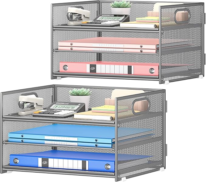 Subekyu 2-Pack 3-Tier Gray Metal Mesh Desk Paper Letter Tray & File Sorter Organizer with Handle + 1 Sliding Tray for Desk, Home, Office, School Supplies, A4 Paper and Accessories Storage by SUBEKYU