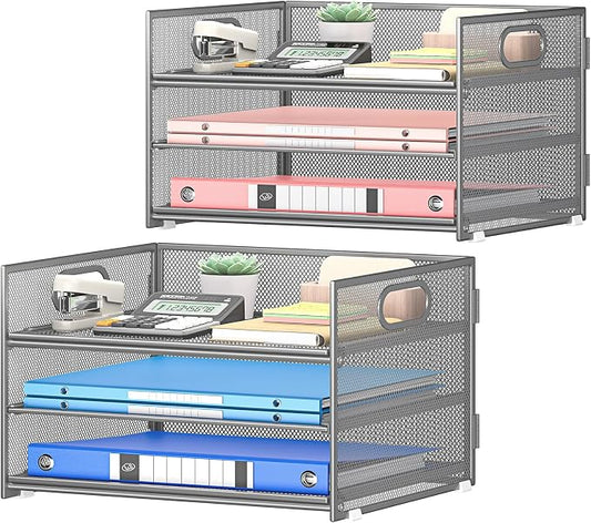 Subekyu 2-Pack 3-Tier Gray Metal Mesh Desk Paper Letter Tray & File Sorter Organizer with Handle + 1 Sliding Tray for Desk, Home, Office, School Supplies, A4 Paper and Accessories Storage by SUBEKYU