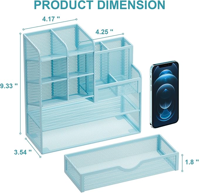 Marbrasse Mesh Pen Holder for Desk, Multi-Functional Pencil Organizer with Drawer, Desk Organizers and Accessories for Office Art Supplies (Blue) - Image 4