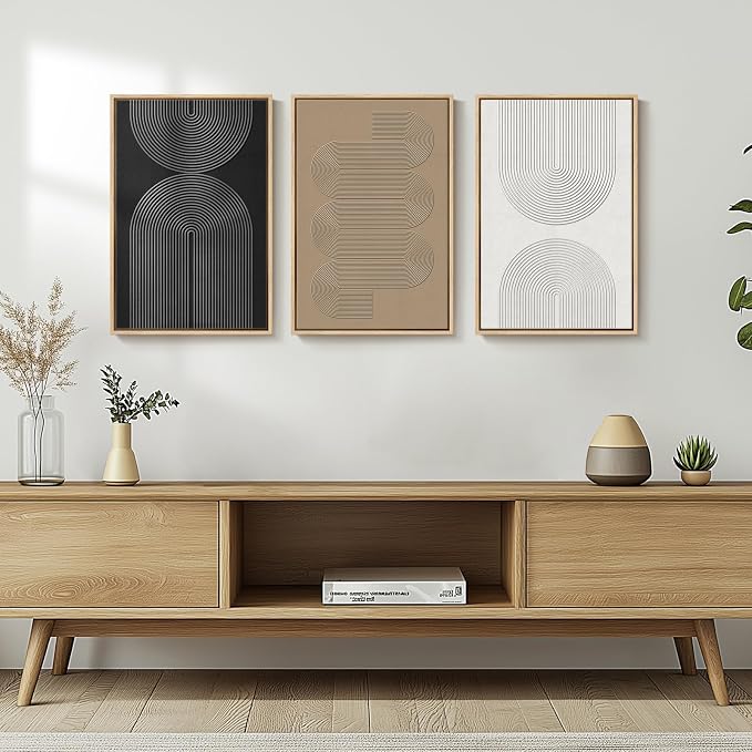 Framed Black and White Brown Abstract Wall Art, 3 Piece Boho Geometric Canvas Prints Paintings Artwork for Walls, Modern Minimalist Neutral Pictures for Living Room Dining Room Bedroom Wall Decor 16x24 In - Image 4