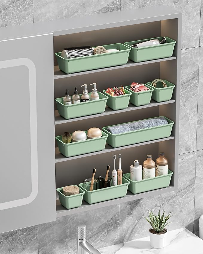 Canfanni 13 Pack Plastic Drawer Organizers Set, 3 Sizes Desk Drawer Organizer Trays for Vanity and Makeup Organizer, Organization and Storage for Makeup, Kitchen Utensils, Bathroom and Office(Green) - Image 7