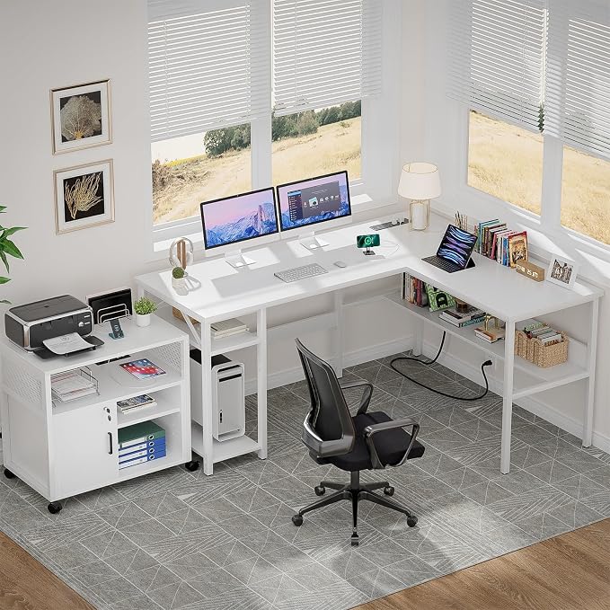 Unikito Reversible L Shaped Computer Desk with Magic Power Outlets and USB Charging Ports, Sturdy Corner Desk with Storage Shelves, Durable Work Desk for Home Office, Easy to Assemble, White - Image 2