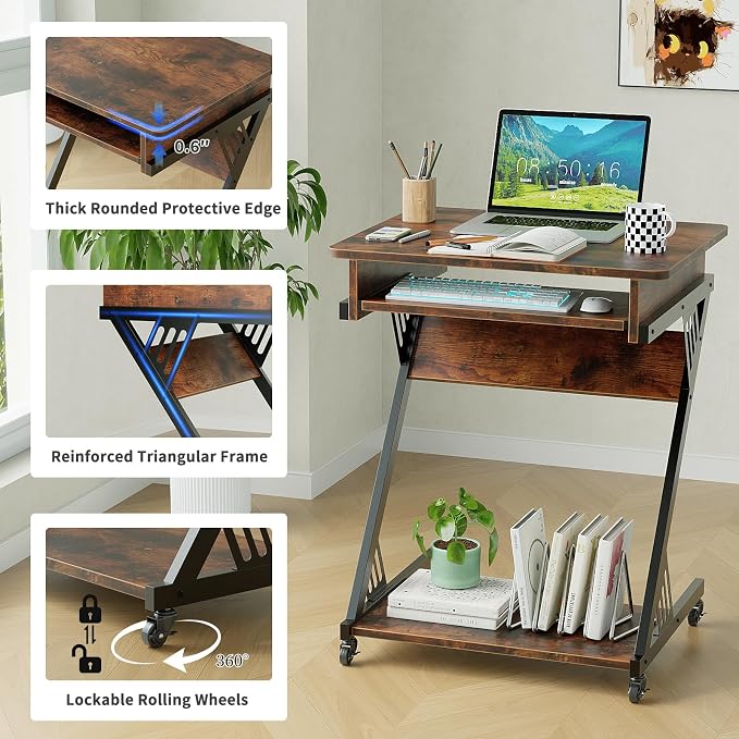 ALISENED Computer Desk for Small Spaces, 23.6" Z-Shaped Compact Study Table with Smooth Keyboard Tray with Wheels and Bottom Shelves for Home Office, Computer Cart Mobile Laptop Cart, Rustic Brown | 23.6" Z-Shaped, with Wheels and Bottom Shelves, for H... - Image 6