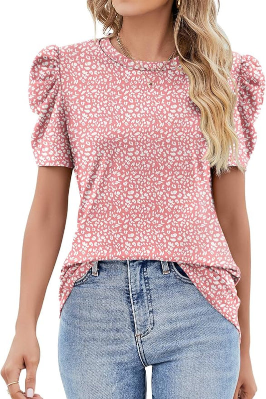 Ivicoer Puff Short Sleeve Shirt for Women Eyelet Tops Summer Crewneck Blouse Loose Fit S-XXL by Ivicoer
