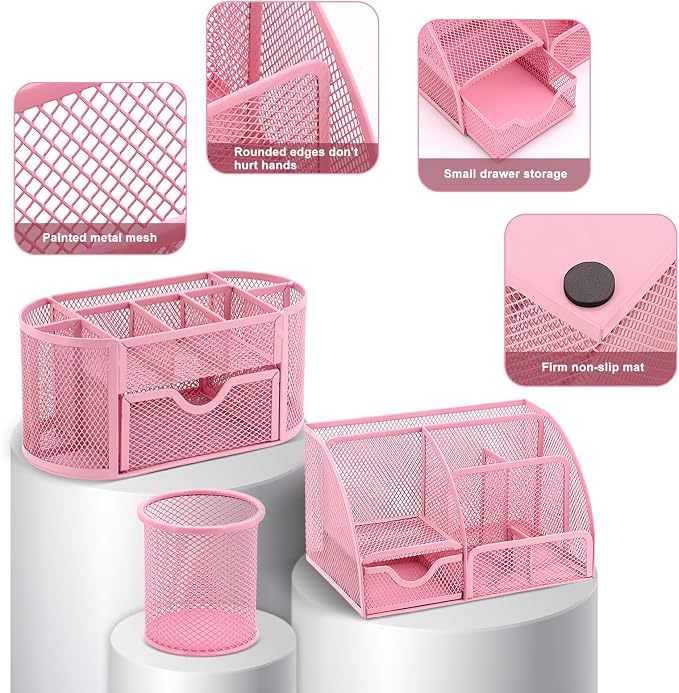17 in 1 Pink Desk Organizers and Accessories Set, 3 Office Desk Supplies Storage Organization, 4 Pens, Stapler, Staples & Remover, Tape & Dispenser, Scissors, Ruler, Clips, Hole Punch, Back to School - Image 3