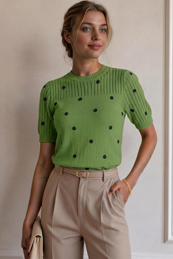 Zeagoo Women's Short Sleeve Sweater Tops 2026 Spring Summer Crew Neck Hollow Out Blouses Dressy Business Casual Outfits - Image 5