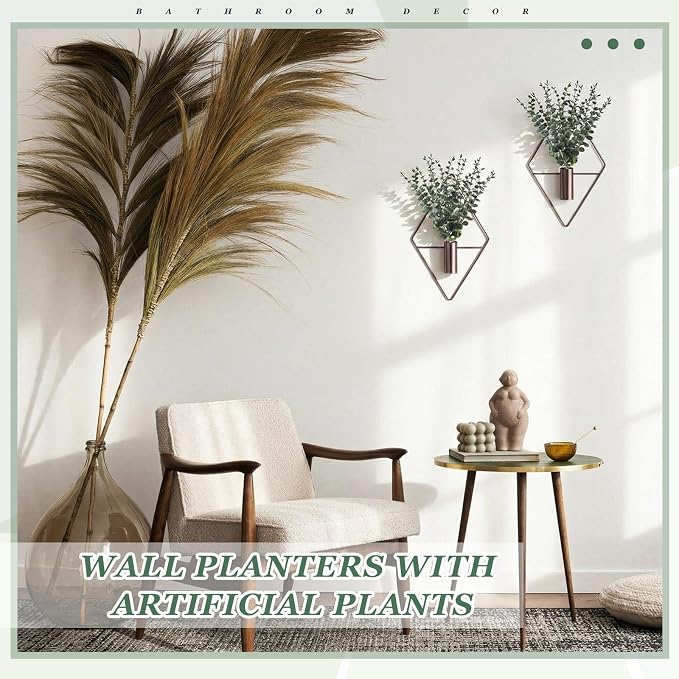 Jexine 4 Pcs Hanging Planters with Artificial Eucalyptus Metal Hanging Vase Indoor Plants Holder Modern Geometric Boho Bathroom Wall Decor for Living Room Home Office, Bronze - Image 5