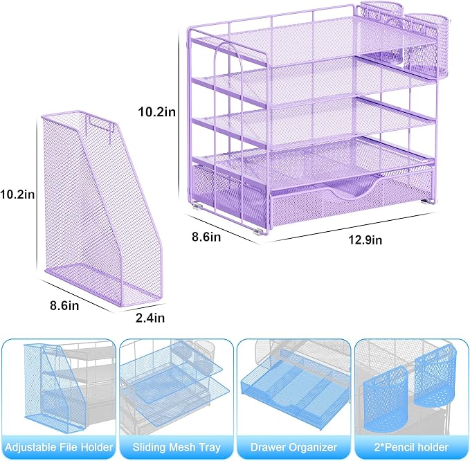 gianotter 5-Tier Desk Organizer with Drawers and File Holders | Letter Trays and Pen Holders - Workspace Accessories for Office Supplies (Light Purple) - Image 5