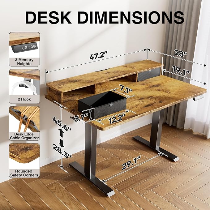 Veken 47x28 in Electric Standing Desk with Drawers, Adjustable Table, Brown | Stand up Computer Desk for Home Office, Work & Study, with Storage, 3 Memory Presets, Cable Organizer, Hook, and Quiet Lift. - Image 3