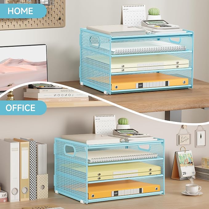 Subekyu Paper Letter Tray Organizer for Desk, Blue Metal Mesh Desk File Sorter Organizer with Handle and 2 Sliding Trays for Home Office School Supplies Organization - Image 4