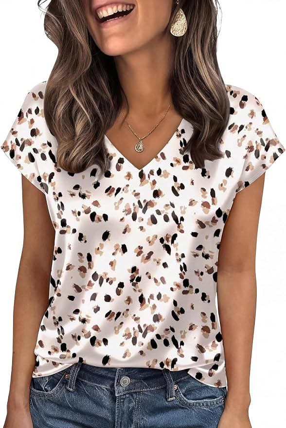 WIHOLL Womens Satin Summer Tops Cap Short Sleeve Blouses V Neck Shirts Business Casual Outfits Fashion Clothing 2026 by WIHOLL