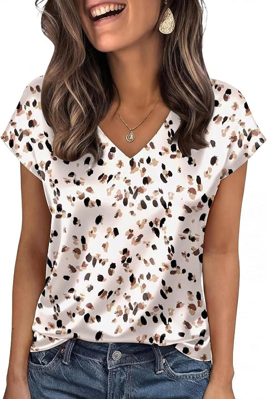 WIHOLL Womens Satin Summer Tops Cap Short Sleeve Blouses V Neck Shirts Business Casual Outfits Fashion Clothing 2026 by WIHOLL