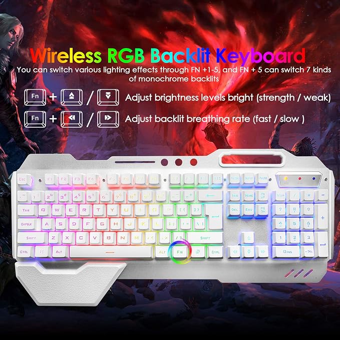 Wireless Gaming Keyboard and Mouse,RGB Backlit Rechargeable Keyboard Mouse with 5000mAh Battery Metal Panel,Removable Hand Rest Mechanical Feel Keyboard and 7 Color Gaming Mute Mouse for PC Gamers - Image 2