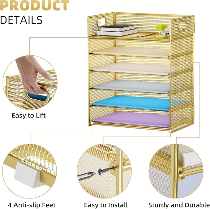Marbrasse 2 Pack Desk Organizer with Handle, 6 Tier Paper Letter Tray, Mesh Desk File Organizer for Office, School and Home - Gold - Image 4