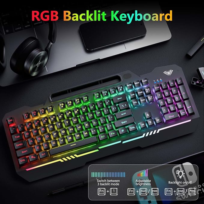 AULA Gaming Keyboard, T102 104 Keys Gaming Keyboard and Mouse Combo with RGB Backlit, All-Metal Panel, Anti-Ghosting, PC Game Keyboard and Mouse, USB Wired Keyboard Mouse for MAC Xbox PC Gamers - Image 2