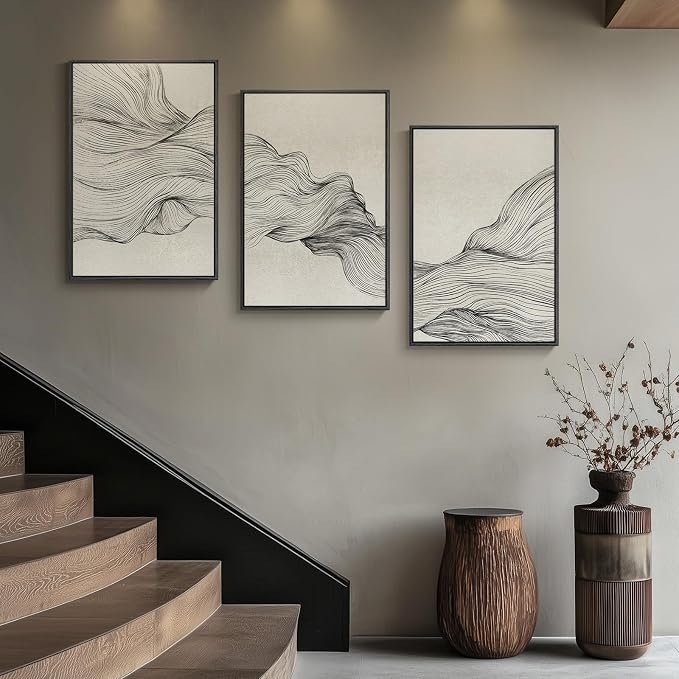 Large Framed Neutral Modern Abstract Wall Art, 3 Piece Black and Beige Canvas Prints Paintings Artwork for Walls, Minimalist Line Pictures for Living Room Hallway Office Wall Decor -Total 30x60 Inch - Image 3