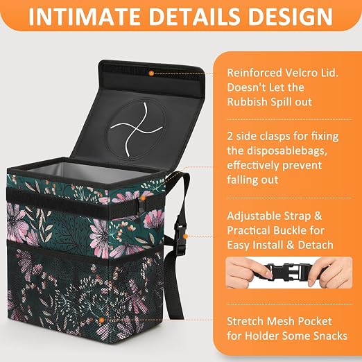 Vankor Car Trash Can for Car Cute, Bag Bin Hanging Waterproof Automotive Garbage Cans Leak Proof Vehicle Trash Can Navy Floral - Image 4