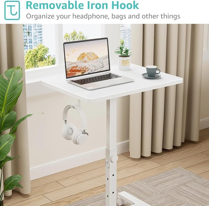WINAZ Small Portable Rolling Desk Adjustable Height, 24 Inch Mobile Laptop Desk with Wheels for Dorm Room, C-Shaped Table for Sofa and Bed Side, Study Table for Students, White - Image 9