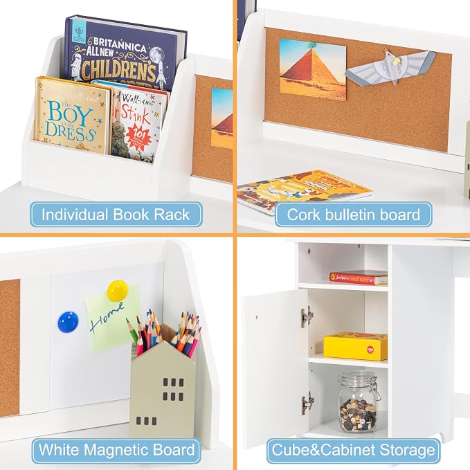 UTEX Wooden Kids Desk and Chair Set with Hutch and Storage for Ages 3-8 | Kids Study Table with Cork Bulletin Board, School Desk, Multi-Zone Storage, Water-based Paint Finish for Kids Room - Image 4